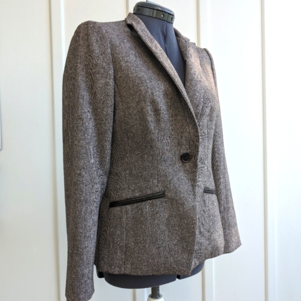 Jones New York Tweed Blazer Collection Petite 8P wool + leather trim brown Tan